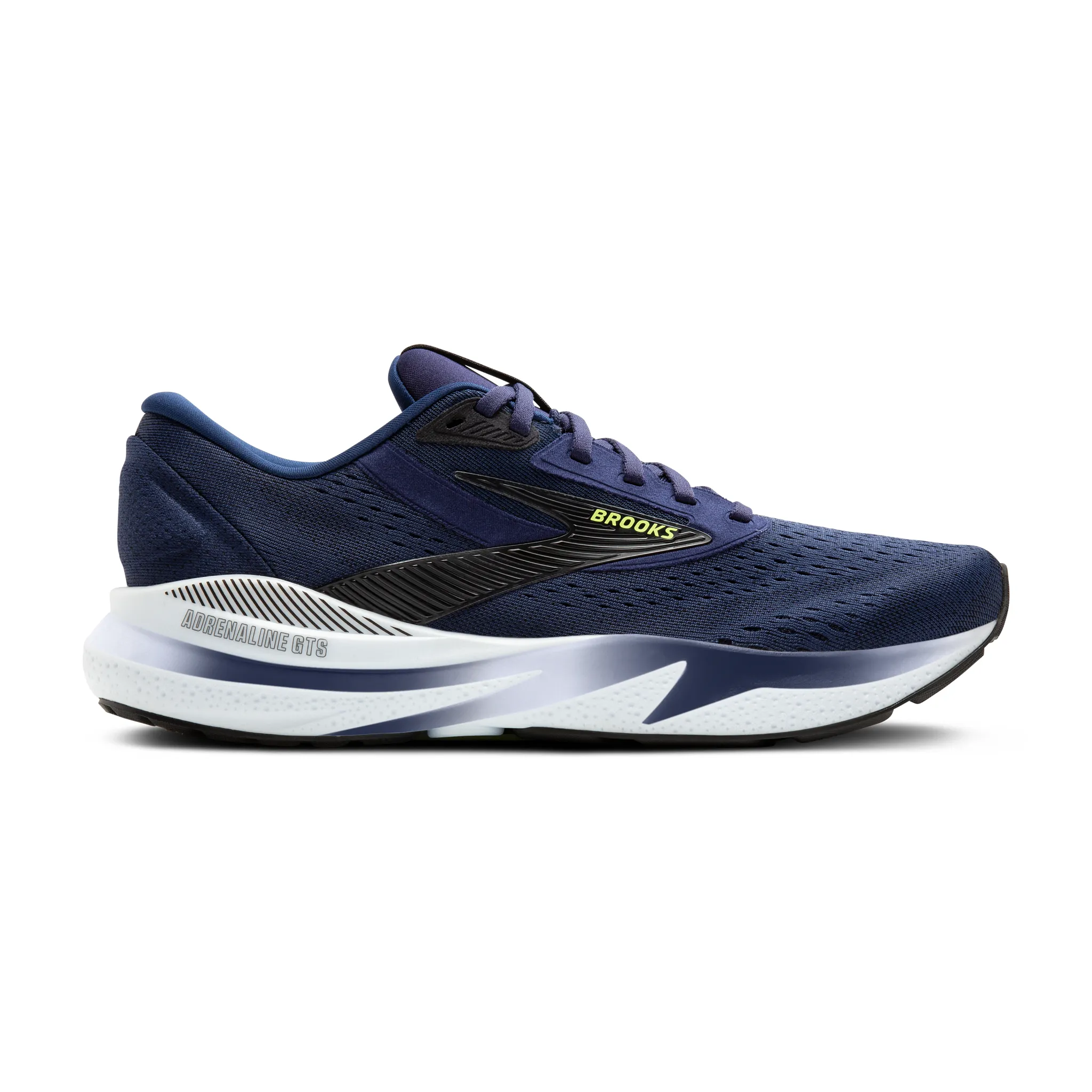 Blue running shoe with green brooks decal